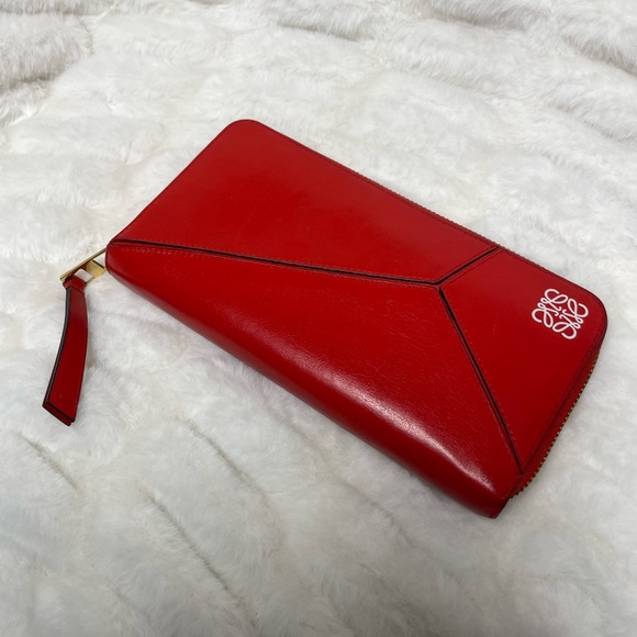 Loewe Handbags - LOEWE RED LEATHER PUZZLE LONG ZIP WALLET